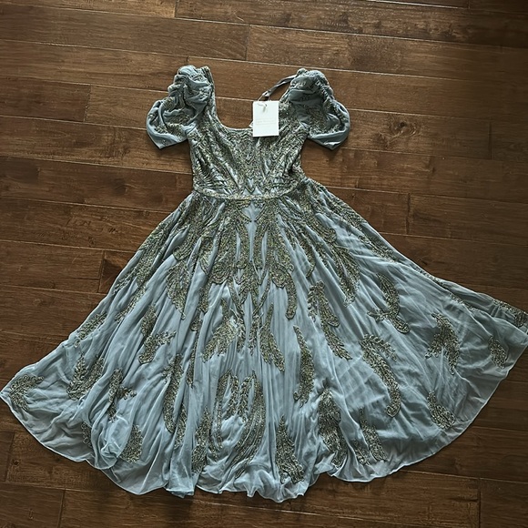 Mac Duggal 5434 Short Sleeve Silver Slate Blue Beaded Tea Length Dress Sz 8 NWT - Picture 10 of 14